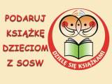 Czerwony napis "Podaruj książkę dzieciom z SOSW". Po prawej stronie grafika: dwie uśmiechnięte buźki.