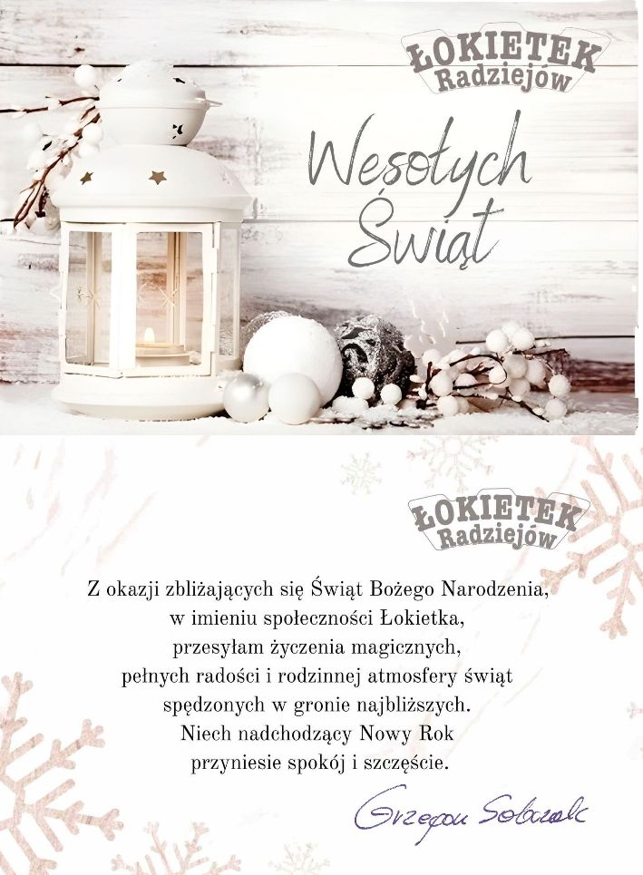 Biała kartka świąteczna z lampionem i tekstem życzeń.