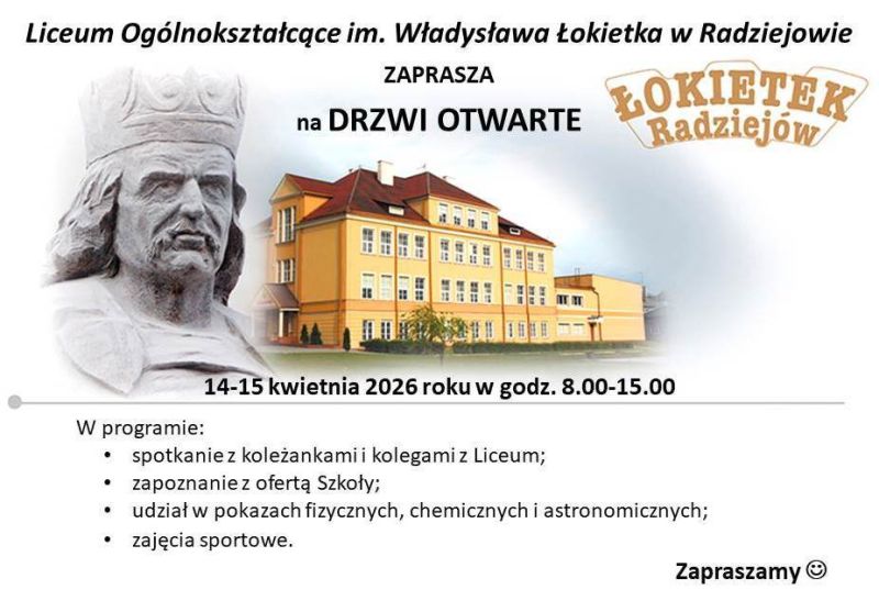 Na białym tle pomarańczowy budynek szkoły, betonowa twarz mężczyzny w koronie oraz czarne napisy.