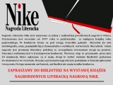 Plakat informacyjny na temat Literackiej Nagrody Nike. Na szrym tle tekst.