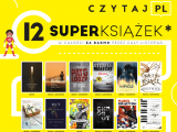 Żółty plakat promujący akację czytaj.pl. Na plakacie 12 okładek książek.