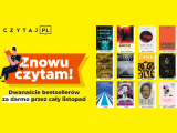 Żółty plakat promujący akację czytaj.pl. Na plakacie 12 okładek książek i napis "Znowu czytamy".