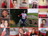 Ramka z czternastu zdjęć licealistów z biało-czerwonymi flagami. W środku zdjęcie kobiety przy rowerze.