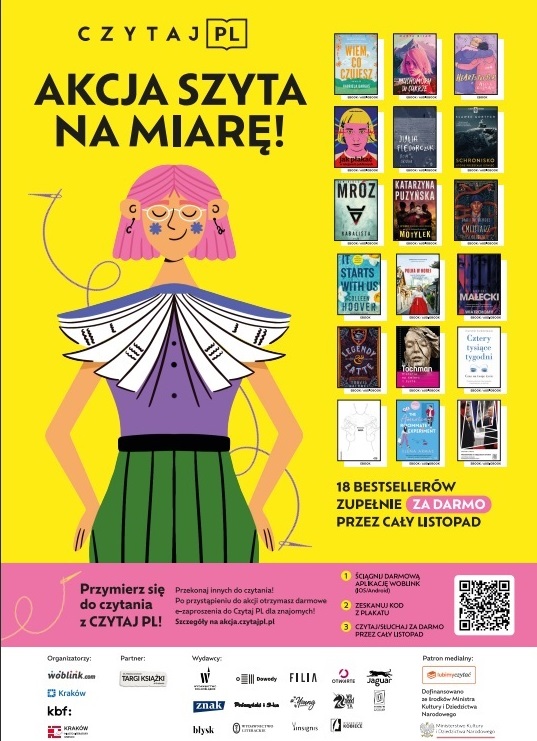 Żółty plakat promujący akację czytaj.pl. Na plakacie 18 okładek książek i napis "Akcja szyta na miarę".